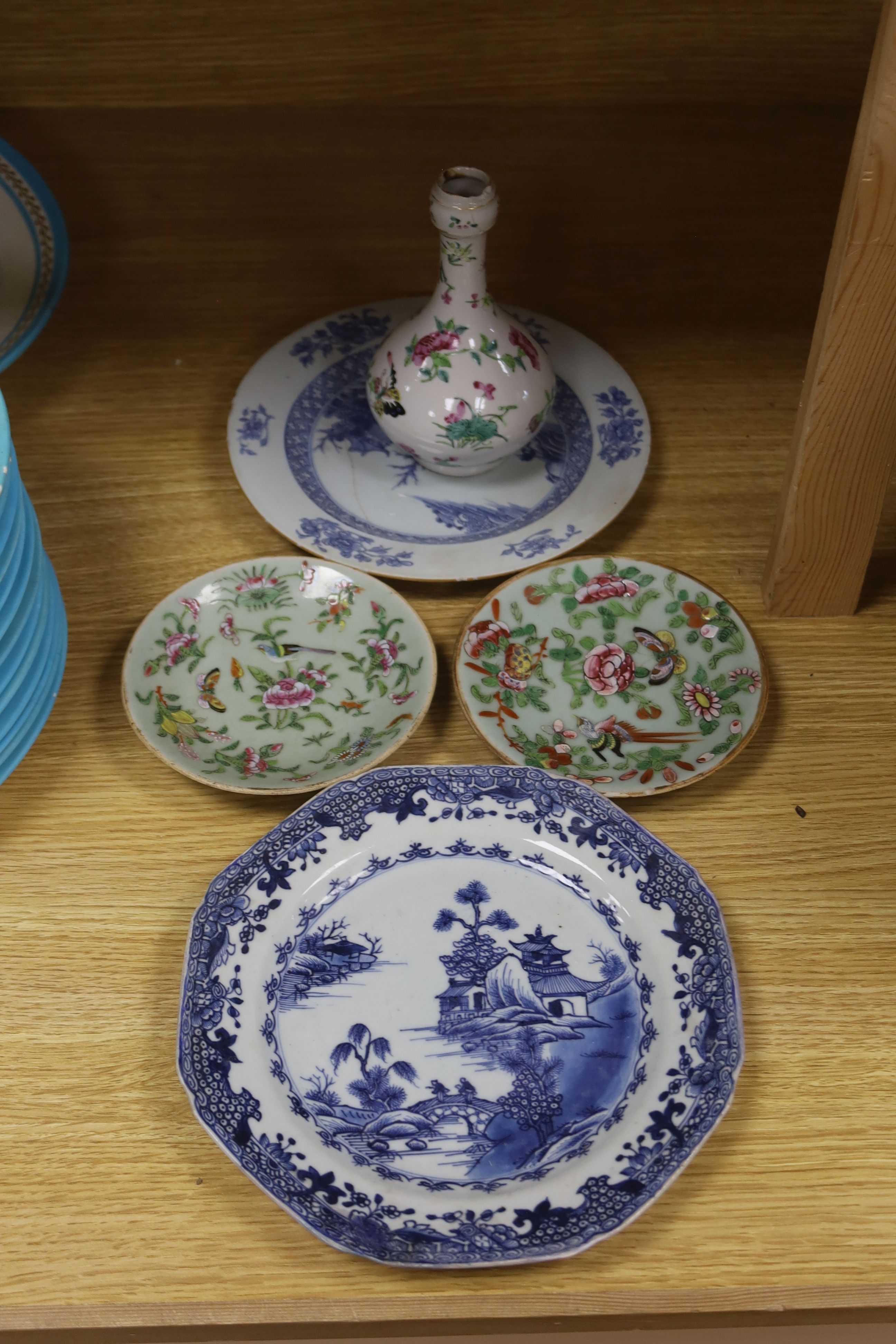 Two Chinese blue and white dishes, a famille rose vase and two Cantonese dishes, largest 23cm